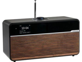 Altavoz inteligente Ruark Audio R2 mk4 espresso con frontal de lamas efecto madera, pantalla digital y antena telescópica