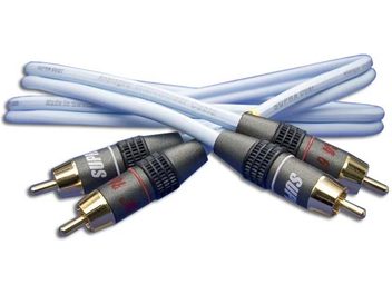 Analogowy kabel audio RCA Supra Dual-RCA 2m, widok z góry, 4 pozłacane złącza, białe osłony, czarny i czerwony tekst