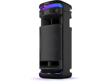 Nešiojama „Sony ULT TOWER 10“ „Bluetooth“ kolonėlė, matoma iš trijų ketvirčių, juodas metalinis tinklelis, mėlynas ir violetinis LED apšvietimas.