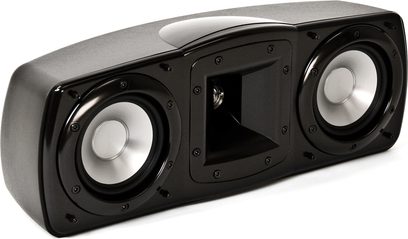 Klipsch Synergy C-10 sort centerkanal, set forfra, to runde højttalere, rektangulært kabinet