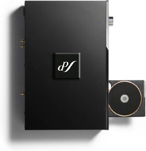 CD přehrávač EAR Yoshino Acute classic noir s černým čelním panelem, bílým logem "dV", pohled zepředu mírně posunutý doprava