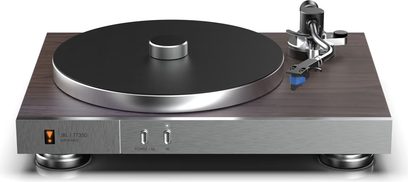 Hi-fi pladespiller JBL TT350, antracitfarvet børstet metalchassis, matsort pladetallerken, tonearm, på mørkebrun træsokkel