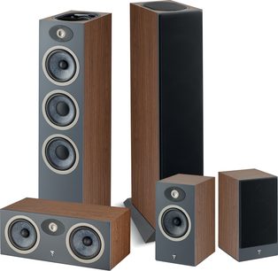 Sada sloupkových reproduktorů Focal Pack Theva N°3-D ořech, 5 reproduktorů různých velikostí, tmavé dřevěné provedení