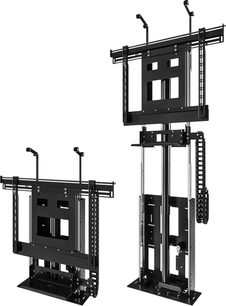 Wandhalterung für Fernseher Future Automation AL965, schwarzes Metall, Vorderansicht, rechteckige Struktur, vertikale Schienen, sichtbare Kabel