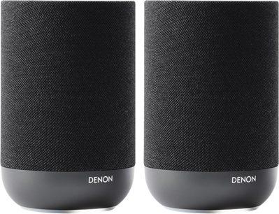 2er-Set vernetzter Denon Home 200 Lautsprecher in Anthrazit, Frontansicht mit schwarzem Gitter und abgerundetem Sockel