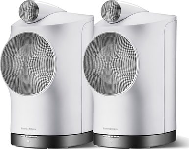 Twee draadloze Bowers & Wilkins Formation Duo-luidsprekers in wit, vooraanzicht, ronde roosters, witte cilindrische behuizing