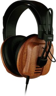 Sluchátka Fostex T60RP s otevřenou konstrukcí, dřevěnými špunty, černým polstrovaným obloukem a kabelem připojeným zdola.