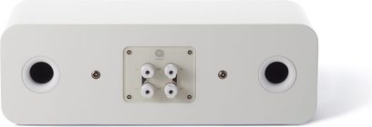 Q acoustics Concept 90 hvid lakeret center højttaler, set forfra, 2 runde sorte højttalere, 4 hvide firkantede diskanter