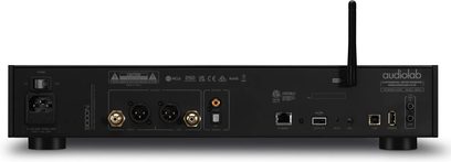 Netzwerk-Audioplayer Audiolab 9000N schwarz, Rückansicht mit RCA-, XLR-, Ethernet-, USB-Anschlüssen, Wi-Fi-Antenne und Netzschalter