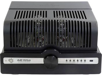 Ampli hi-fi à tubes Synthesis A40 Virtus noir, vue de face, grille métallique ajourée, boutons et prises en façade