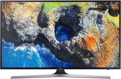 Televizor Samsung UE40MU6105 zobrazující abstraktní barevný obraz v odstínech modré, zelené, oranžové a šedé