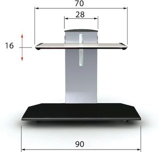 Sort TV-møbel med glashylde, dimensioner i millimeter: længde 90, højde 70, hyldebredde 28, hyldetykkelse 16