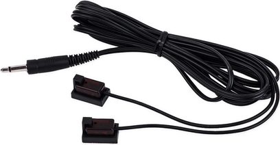 Black cable with a 3.5mm jack connector on one end and two 3.5mm jack connectors on the other end