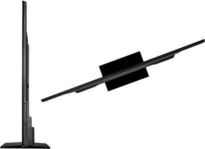Sharp LC-70LE740E-tv og fod, set fra siden, sort skærm, smal ramme, rektangulær, mat sort fod