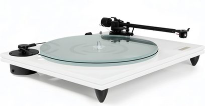 Gramofon Gold Note T-5 biały, biała obudowa z przezroczystym szklanym talerzem i czarnym ramieniem odczytu