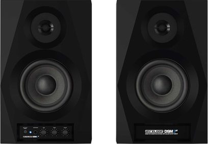 Pair of black Reloop DSM-3 BT monitor speakers, round woofer and tweeter, controls and Bluetooth on the left speaker