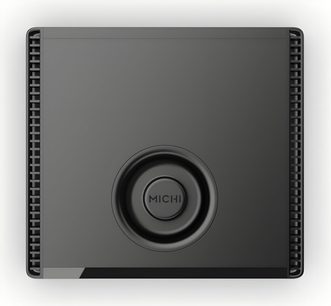 Вид зверху на високоякісний CD-програвач Rotel Michi Q5 чорного кольору з алюмінієвим корпусом квадратної форми з гладкою поверхнею, центральним увігнутим колом з написом «MICHI» та вентиляційними решітками на бічних сторонах.