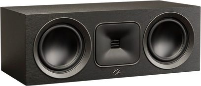 Centrální reproduktor MartinLogan Foundation C1 v matné černé barvě, pohled zepředu, 3 kruhové reproduktory uspořádané horizontálně