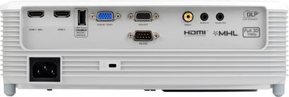 Optoma HD27LV-videoprojektor, set forfra, HDMI-, VGA-, USB- og lydstik, kontrolpanel med knapper og indikatorer