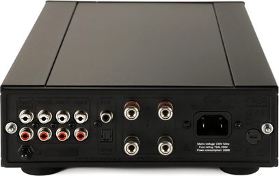 Stereo integrated hi-fi amplifier Rega Brio MK7 rear view with 4 RCA inputs, 1 coaxial input, 1 optical input, 4 speaker outputs, power socket