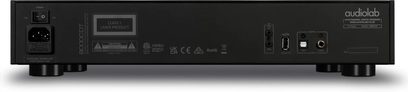 Audiolab 9000CDT kõrglahutusega CD-mängija tagantvaade koos pistikute, lüliti, tehniliste märgiste ja ümmarguste jalgadega