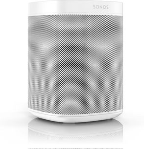 Trådløs, tilsluttet Sonos One (Gen 2) højttaler i mat hvid, set forfra, med perforeret metalrist, hvid base