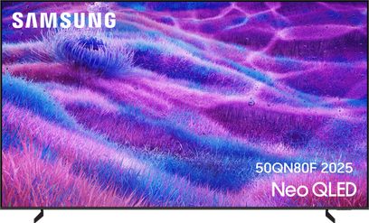 Samsung 50QN80F 2025 Neo QLED fladskærms-tv med slankt mat sort metalramme, set forfra, diskrete sorte støtteben