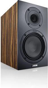 Diffusore da scaffale Canton GLE 20 S2 makassar, frontale nero a due vie, cabinet in legno zebrato vista tre quarti