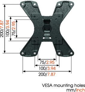 Vogel's Wall 1145 sort vægbeslag til TV. Teknisk diagram med dimensioner i mm/tommer. X-formet med 4 bevægelige arme