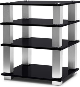 Norstone Design Square - meble hi-fi, 4 półki ze szkła w kolorze czarnym, struktura ze szczotkowanego aluminium w kolorze srebrnym, proste, nowoczesne