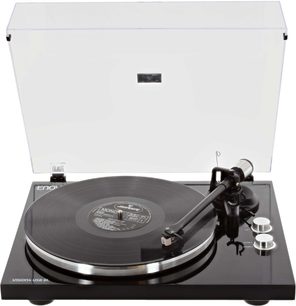 Hi-fi pladespiller Enova HIFI Vision 4 USB sort, mat kabinet, blankt drejetallerken, tonarm, gennemsigtig låg