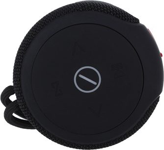 Bluetooth-højttaler Yourban Getone 30, set ovenfra, cirkulær form, sort overflade, symbolske knapper, flettet kant