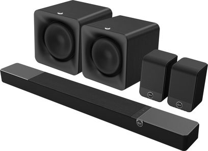Zvočna letev Klipsch Flexus Core 300 z dvema zvočnikoma Surr 100 in dvema črnima nizkotoncema Sub 100, pogled od spredaj