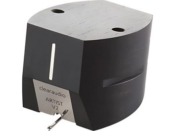 Testina phono ClearAudio Artist V2 nero opaco, pannello frontale in metallo argentato, vista di tre quarti con puntina
