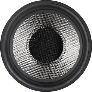 Bowers & Wilkins DB4S sort baskabin, nærbillede forfra af den flettede kulfiber-membran