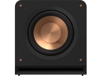 Subwoofer Klipsch RP-1200SW, vedere frontală, formă pătrată neagră cu difuzor rotund cupru în centru