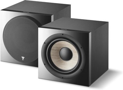 Focal SUB 1000 F sort baskabin, set forfra og tre kvarter, kubisk form, central rund højttaler