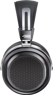 FiiO FT1 Pro open-back wired hi-fi headphones in black, made of plastic and brushed metal with a large circular geometric grille, side view