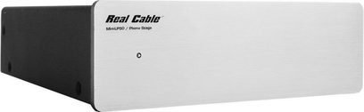 Preamplificatore fonico Real Cable MINI-LP50, case rettangolare grigio chiaro con logo, vista frontale leggermente dall'alto