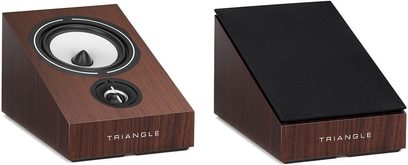 Dolby Atmos-højttaler Triangle Borea BRA1 i valnøddetræ, set oppefra og forfra, træ, sorte gitre