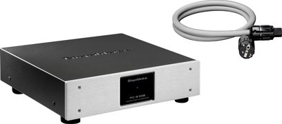 Acondicionador de red GigaWatt PC-2 EVO+ plateado, frontal de aluminio cepillado, con cable PowerSync PLUS gris de 1,5 m y enchufe Schuko