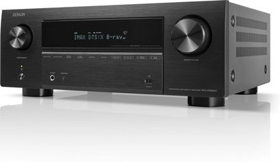 Denon AVC-X3800H schwarzer Heimkino-Verstärker, Frontansicht, blaue Anzeige "IMAX DTS:X B-r39", Tasten und Anschlüsse an der Vorderseite