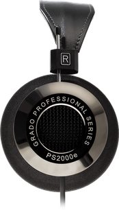 Åbent hi-fi hovedsæt Grado PS2000e, set forfra, mat sort kabinet, forsølvede transducere, sort læderhovedstykke, forsølvet R-monogram