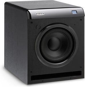 Velodyne CHT8Q sort subwoofer, set lidt fra siden forfra, front med højttaler og LED-skærm