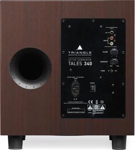 Subwoofer Triangle Tales 340 in noce, vista frontale e posteriore, pannello frontale nero con altoparlante, pannello di controllo sul retro