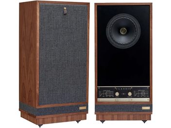 Două boxe coloane Fyne Audio Classic X din nuc, din lemn văzute din față, grilă din țesătură gri și difuzor coaxial, 2 butoane