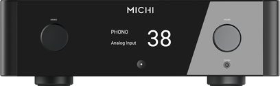 Michi X3 Series 2 integreret stereo hi-fi forstærker, set forfra, cirkulære knapper til venstre og højre, centralt digitalt display