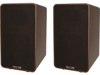 Bezdrátové připojené reproduktory Enova HIFI VELA IV ořech, pohled zepředu, obdélníkové skříně s dřevěným povrchem, černé texturované mřížky