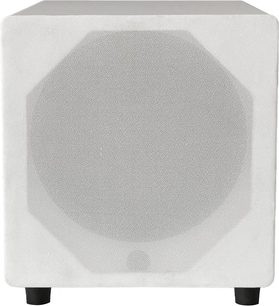 Velodyne Impact X10 witte matte subwoofer, vooraanzicht, afgeronde kubieke vorm, getextureerd wit korrelig oppervlak