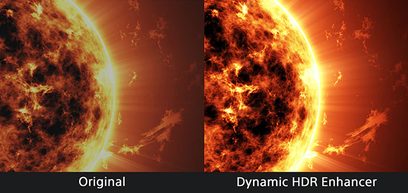 De afbeelding toont een vergelijking tussen een originele afbeelding en een verbeterde versie met de Dynamic HDR Enhancer-technologie, waarbij meer details en levendiger kleuren in de turbulente zonnebrandhaarden zichtbaar zijn